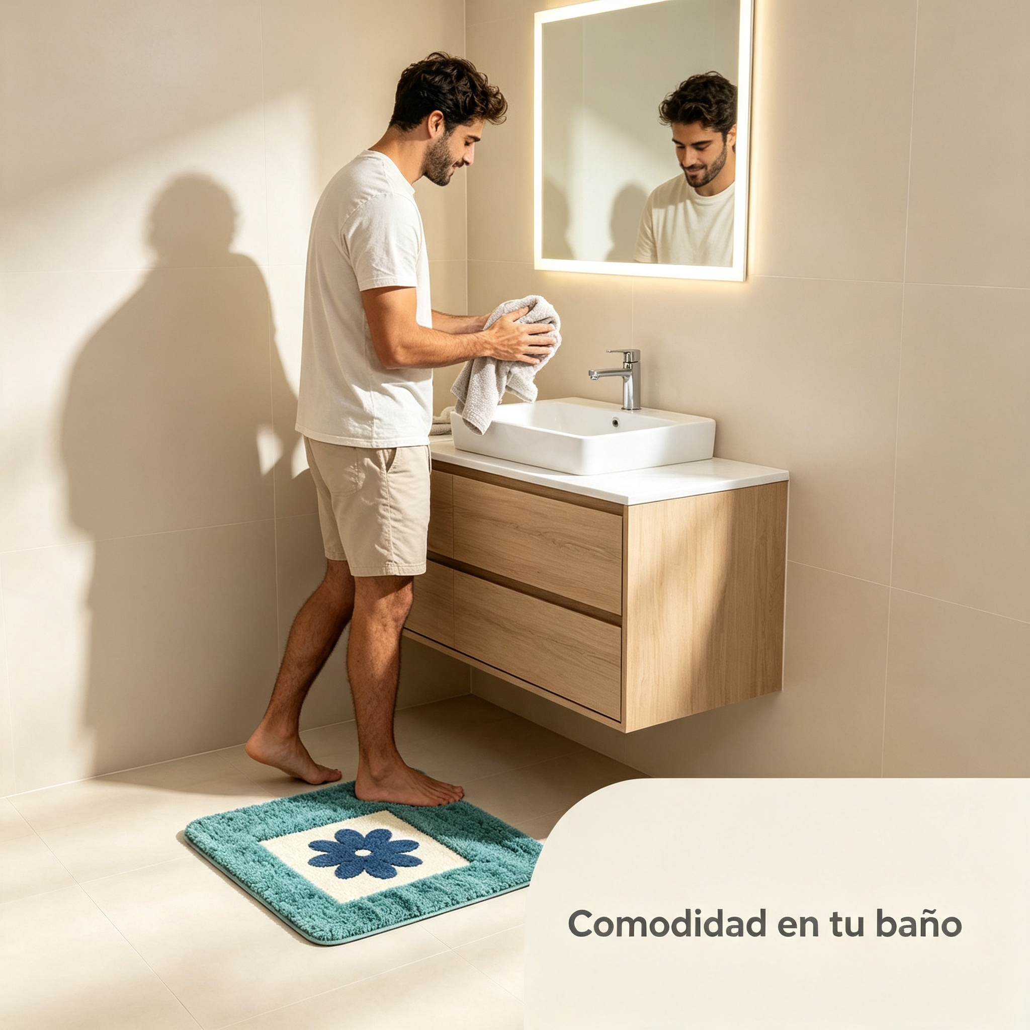Alfombra de Baño Antideslizante | Diseño Floral Azul y Verde | Suave, Absorbente y Lavable a Máquina