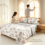 Juego de Sábanas 4 Piezas | Estampado Floral Rosa y Gris | Fondo Blanco | Sábana Encimera + 2 Fundas | Suave y Transpirable