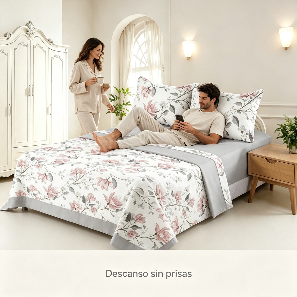 Juego de Sábanas 4 Piezas | Estampado Floral Rosa y Gris | Fondo Blanco | Sábana Encimera + 2 Fundas | Suave y Transpirable