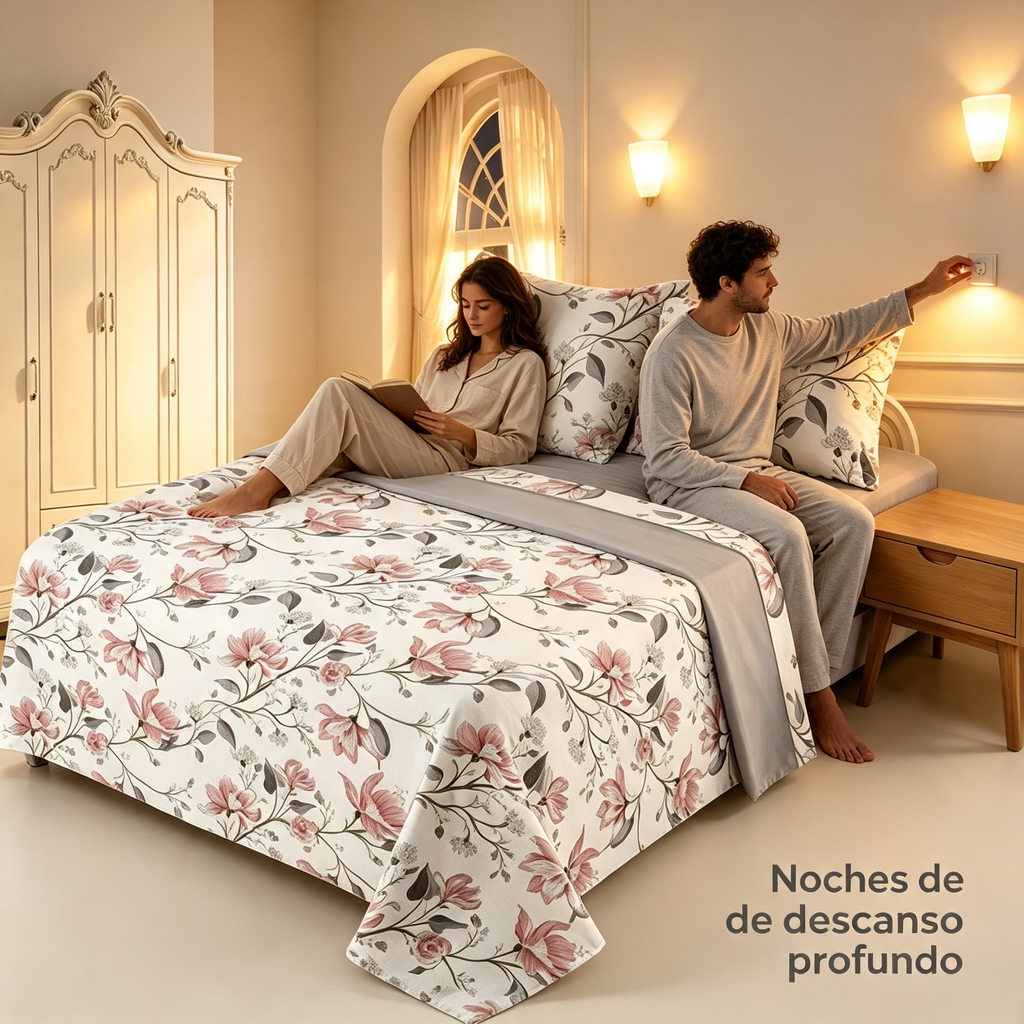 Juego de Sábanas 4 Piezas | Estampado Floral Rosa y Gris | Fondo Blanco | Sábana Encimera + 2 Fundas | Suave y Transpirable