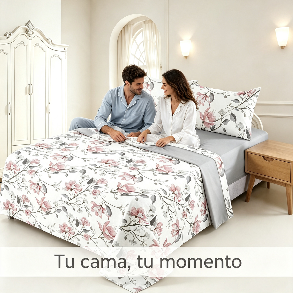 Juego de Sábanas 4 Piezas | Estampado Floral Rosa y Gris | Fondo Blanco | Sábana Encimera + 2 Fundas | Suave y Transpirable