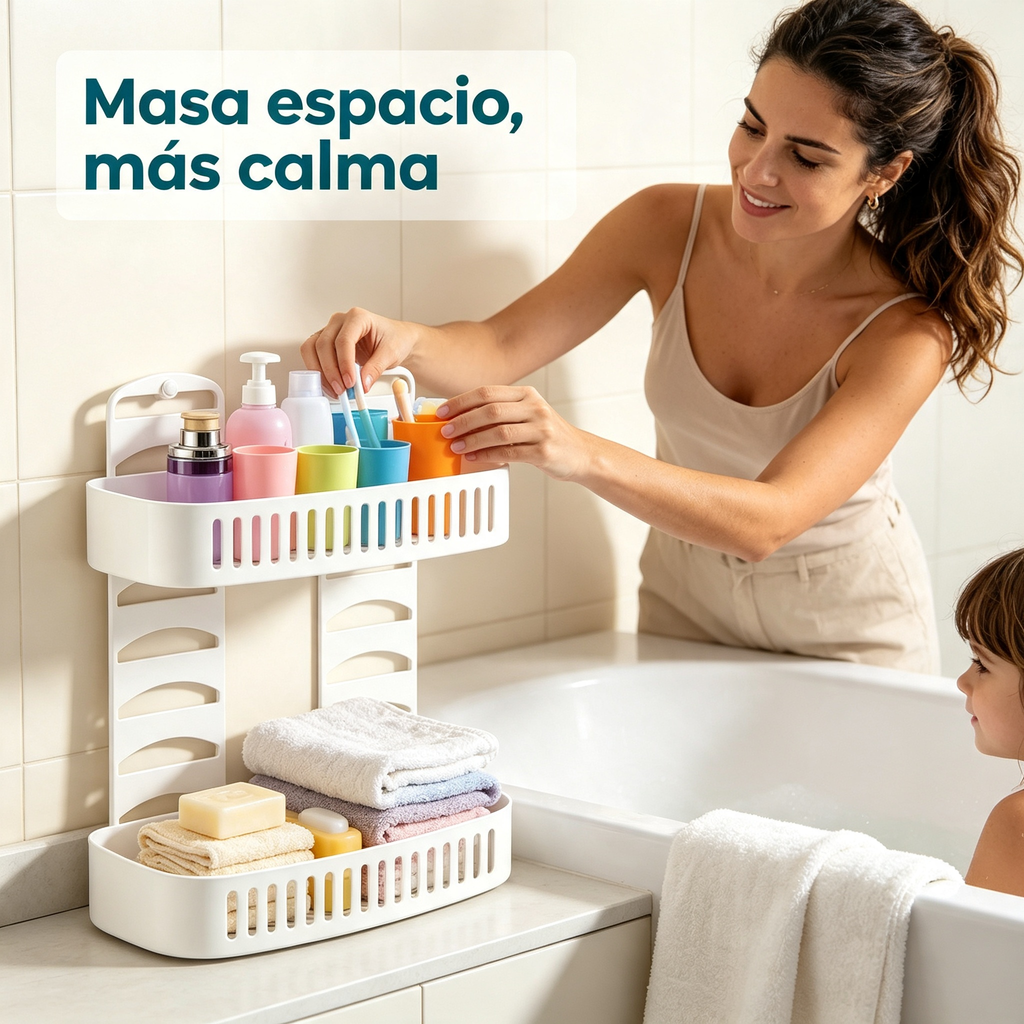 Estantería de Baño 2 Niveles | Organizador de Ducha Blanco | Sin Taladro | Plástico Resistente al Agua