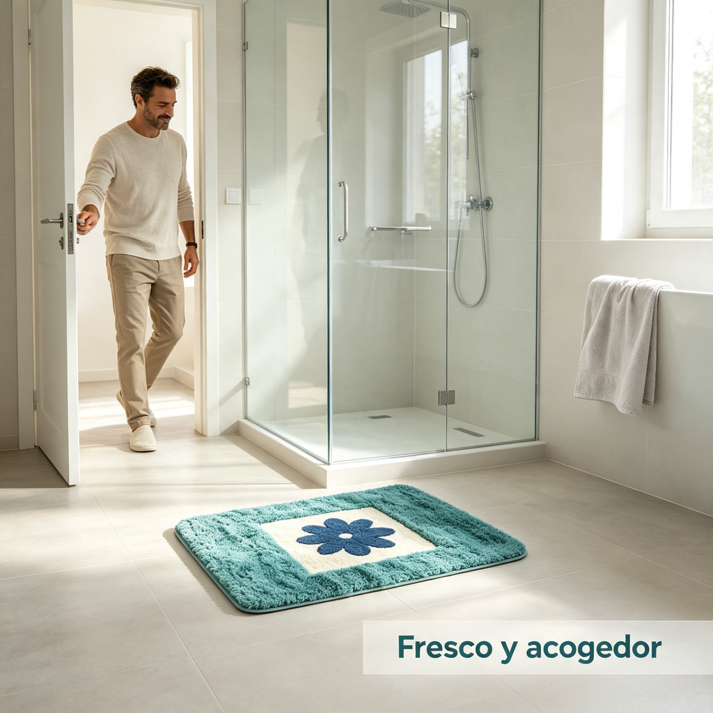 Alfombra de Baño Antideslizante | Diseño Floral Azul y Verde | Suave, Absorbente y Lavable a Máquina