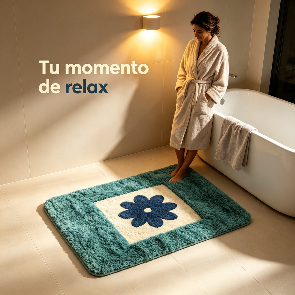 Alfombra de Baño Antideslizante | Diseño Floral Azul y Verde | Suave, Absorbente y Lavable a Máquina