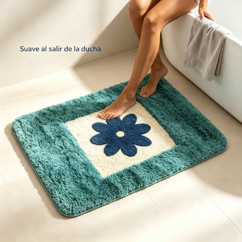 Alfombra de Baño Antideslizante | Diseño Floral Azul y Verde | Suave, Absorbente y Lavable a Máquina