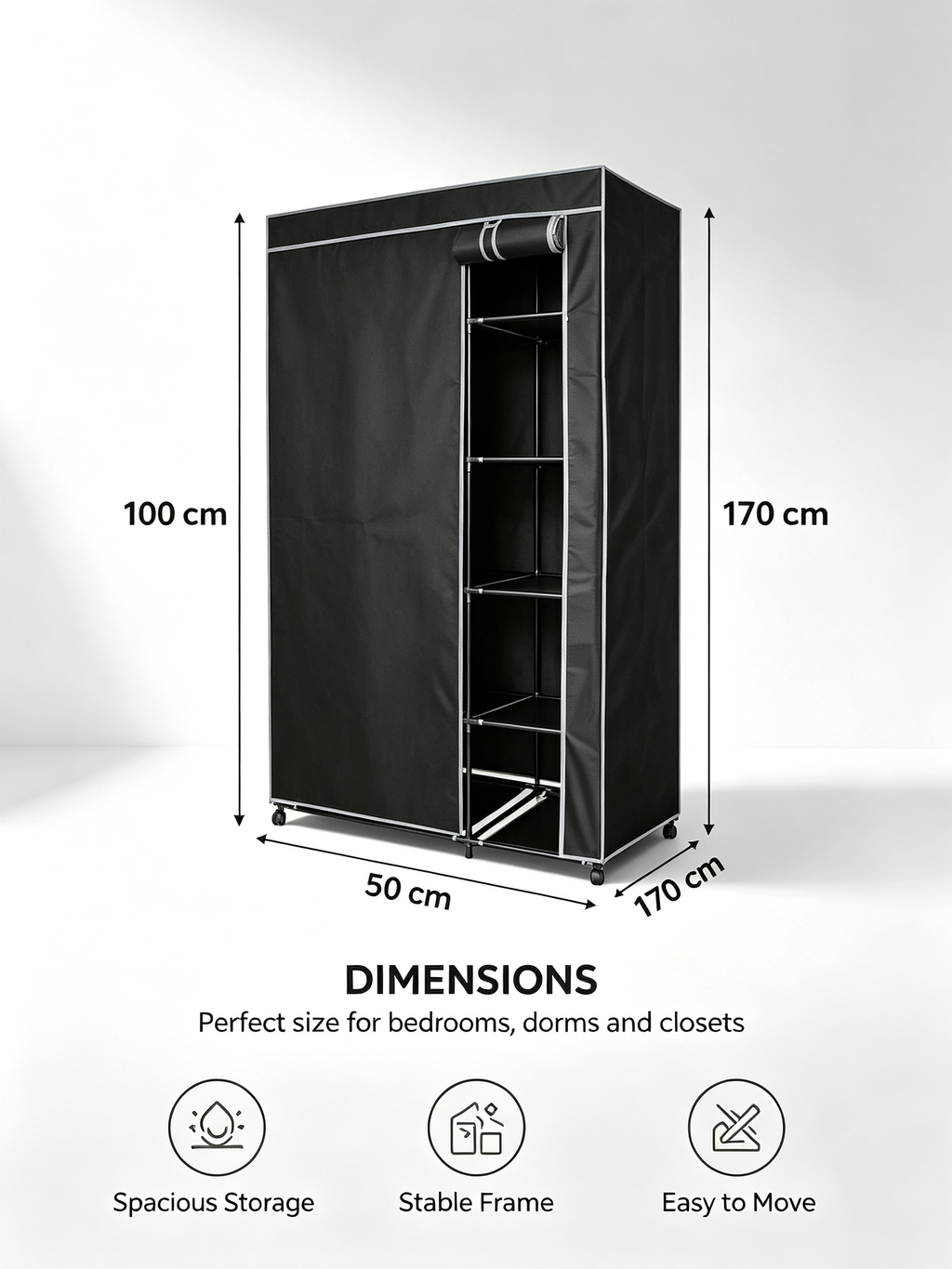 Armario de Tela con Ruedas Urban Living | 6 Estantes + Barra Colgador | 100x50x170 cm | Negro