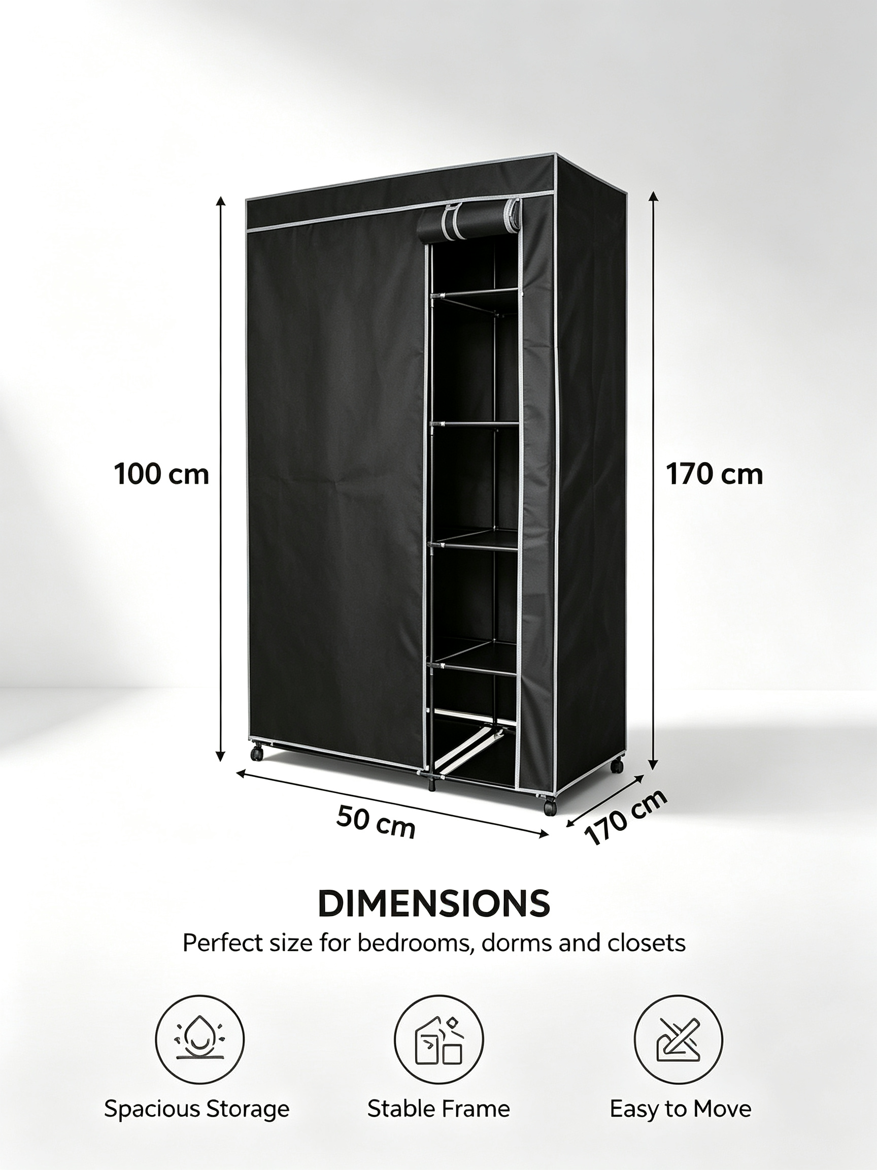 Armario de Tela con Ruedas Urban Living | 6 Estantes + Barra Colgador | 100x50x170 cm | Negro