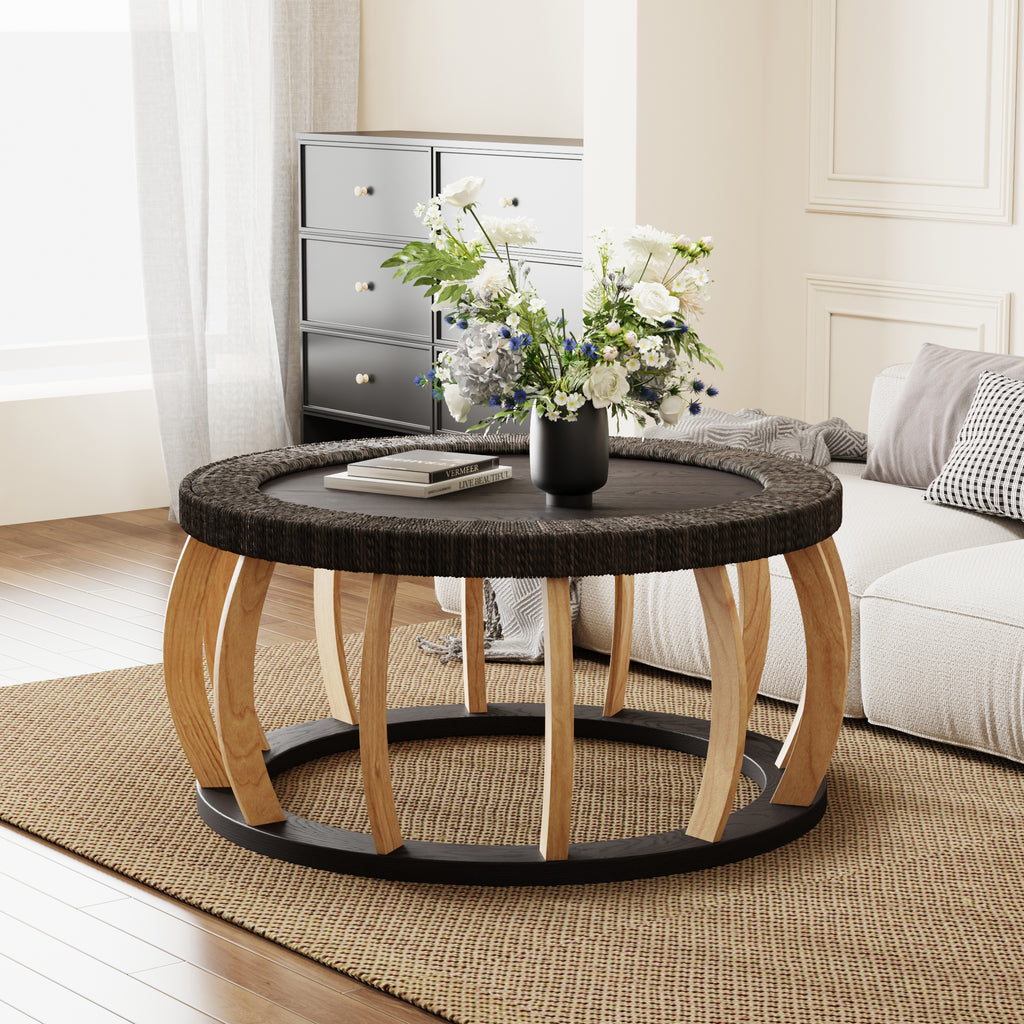 Mesa de Centro Redonda | Madera Sólida y Mimbre | Estilo Boho Vintage