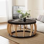 Mesa de Centro Redonda | Madera Sólida y Mimbre | Estilo Boho Vintage