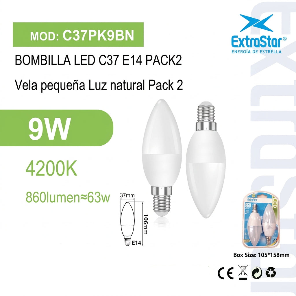 Bombilla LED C37 E14 9W Luz Natural Pack 2