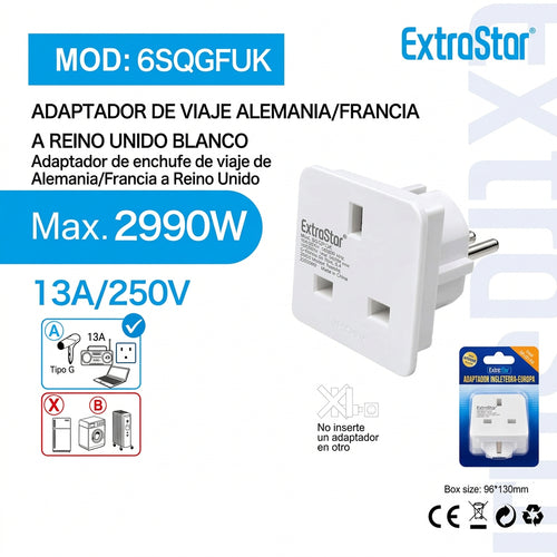 Adaptador de Viaje Alemania Francia a Reino Unido
