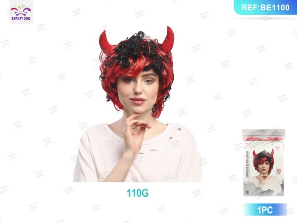 Peluca de Halloween Roja con Cuernos