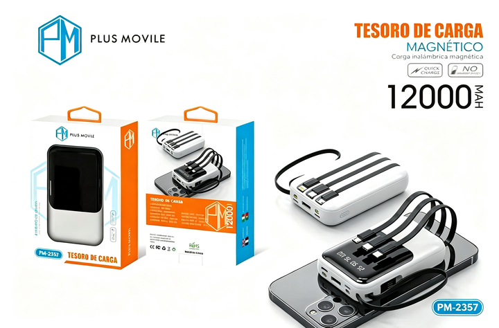 Batería Portátil Magnética Plus Movile 12000mAh con Cables Integrados | PM-2359