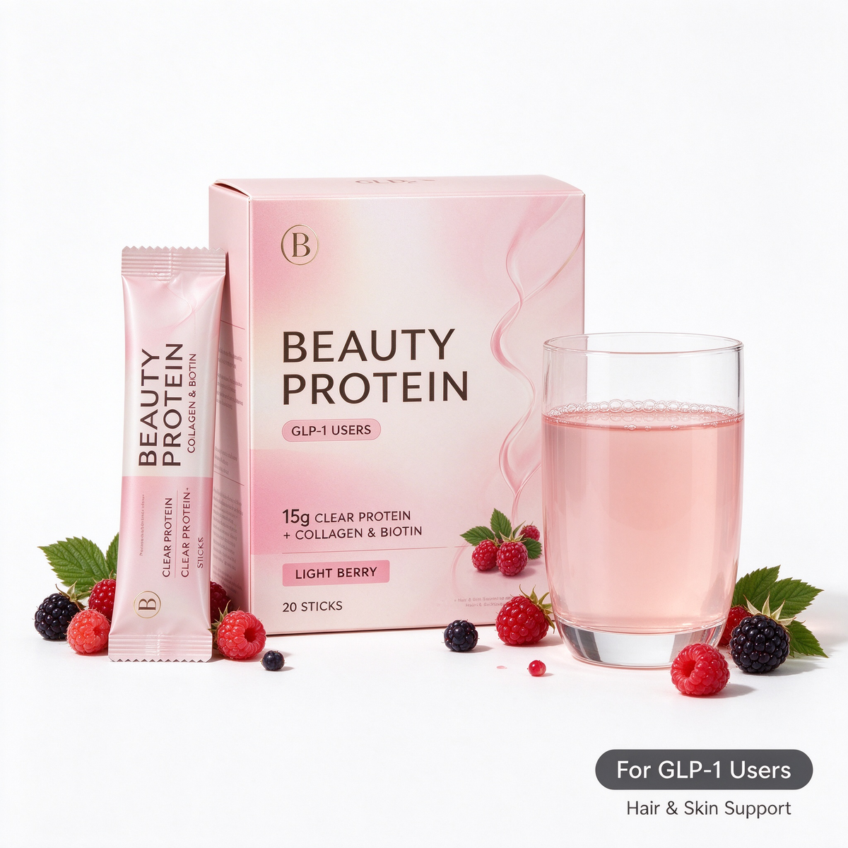 The Beauty Protein for GLP-1 Users – 15g Clear Protein + Collagen & Biotin for Hair & Skin* – Light Berry, 20 Sticks