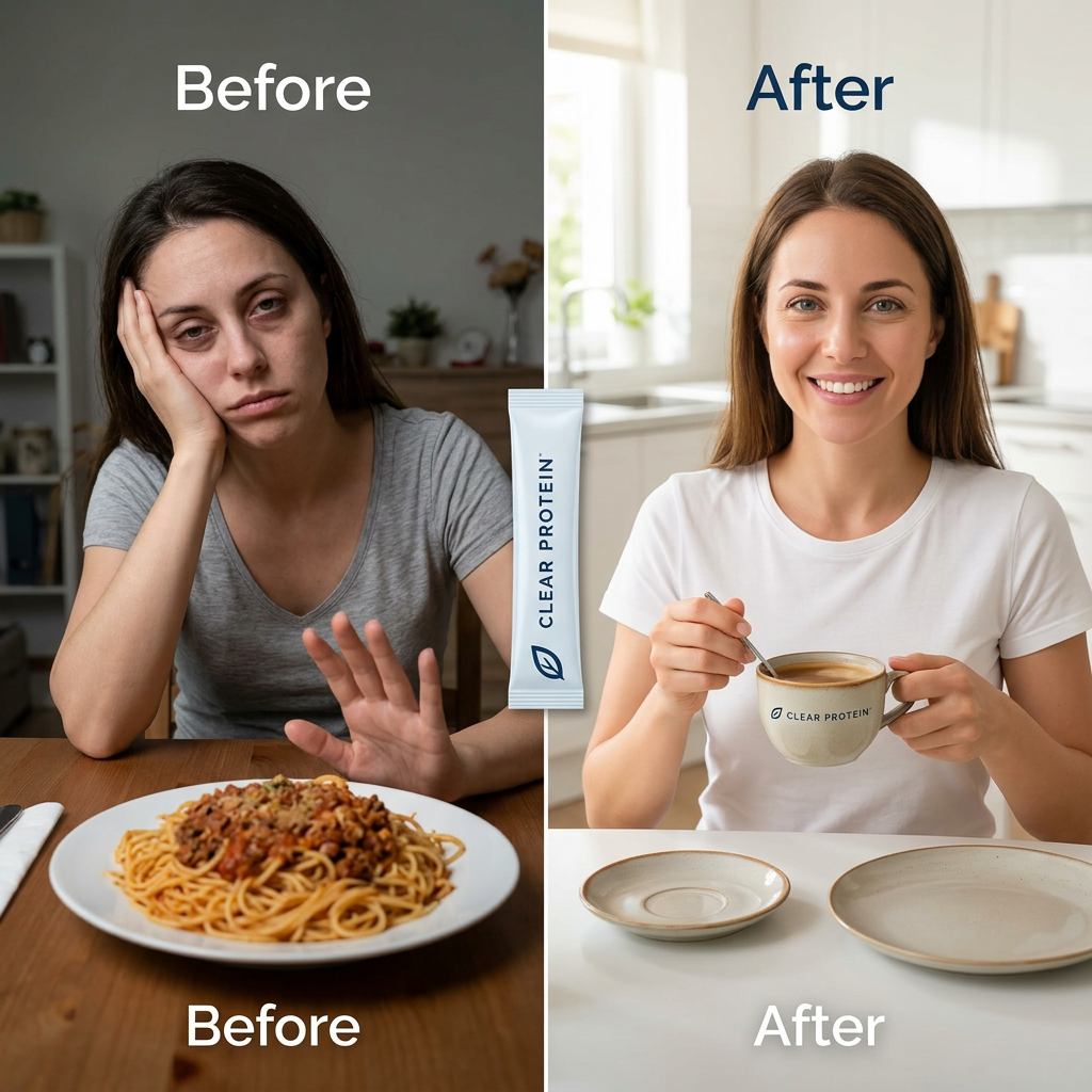 Before and after: no appetite vs enjoying coffee with clear protein, healthy and energized