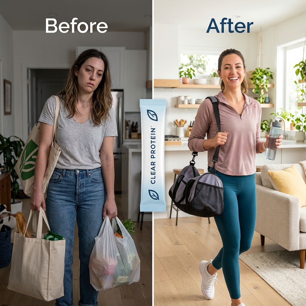 Before and after: exhausted running errands vs full of energy with Clear Protein