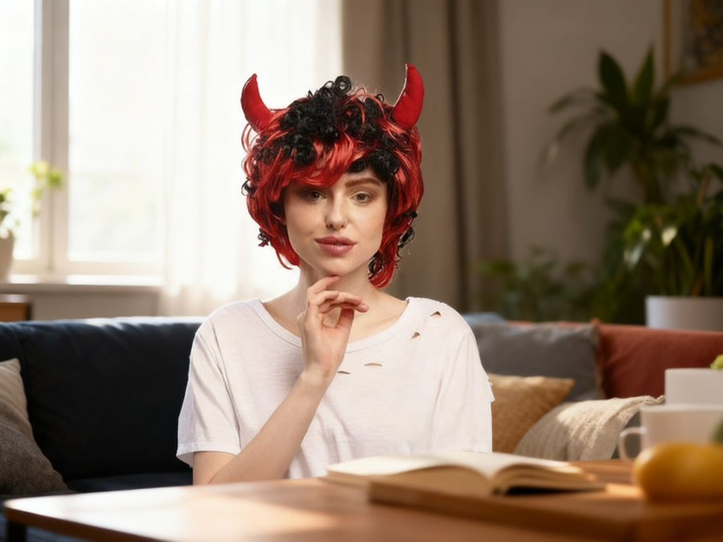 Peluca de Halloween Roja con Cuernos