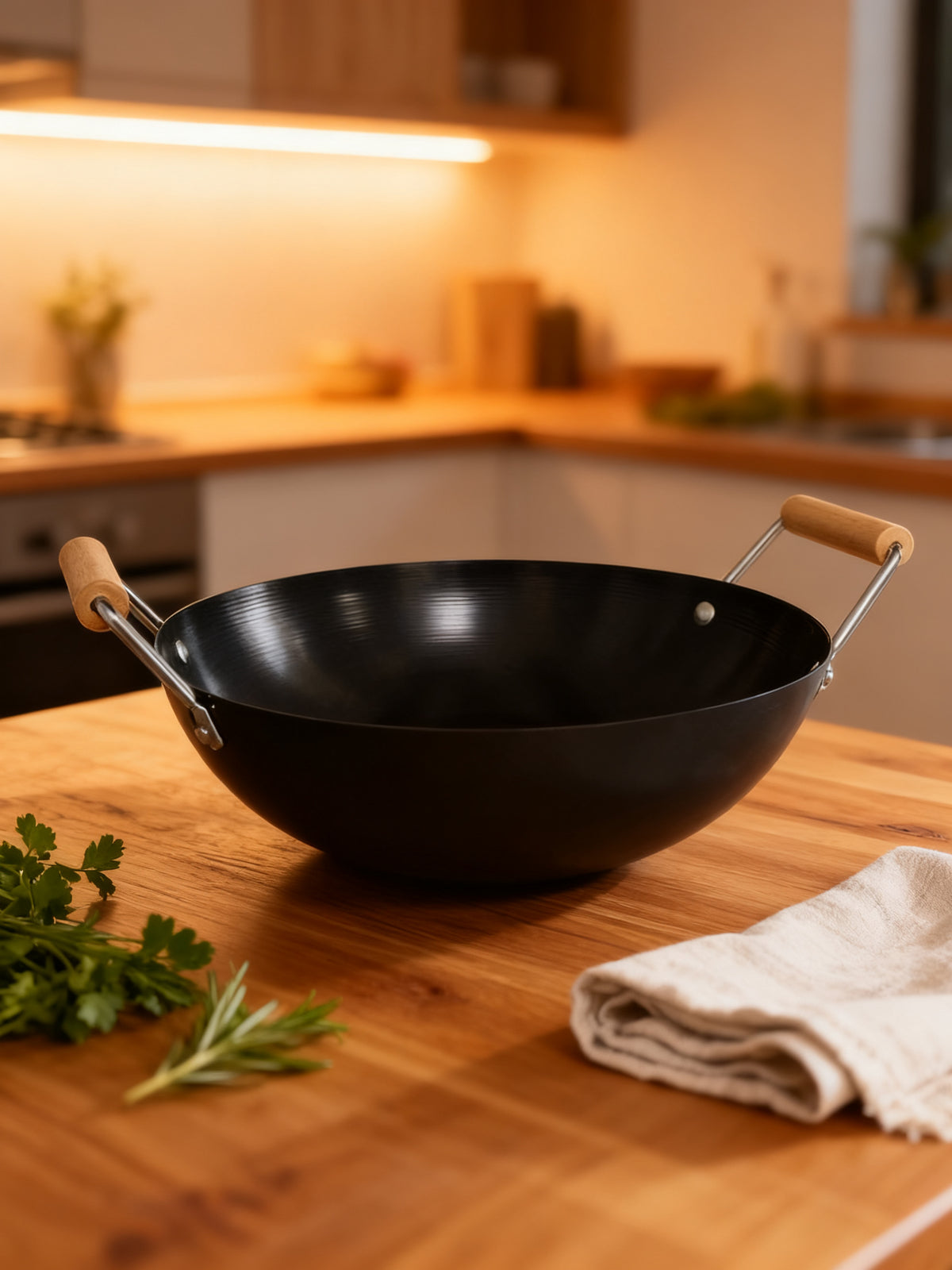 Wok 28 cm con asas de madera