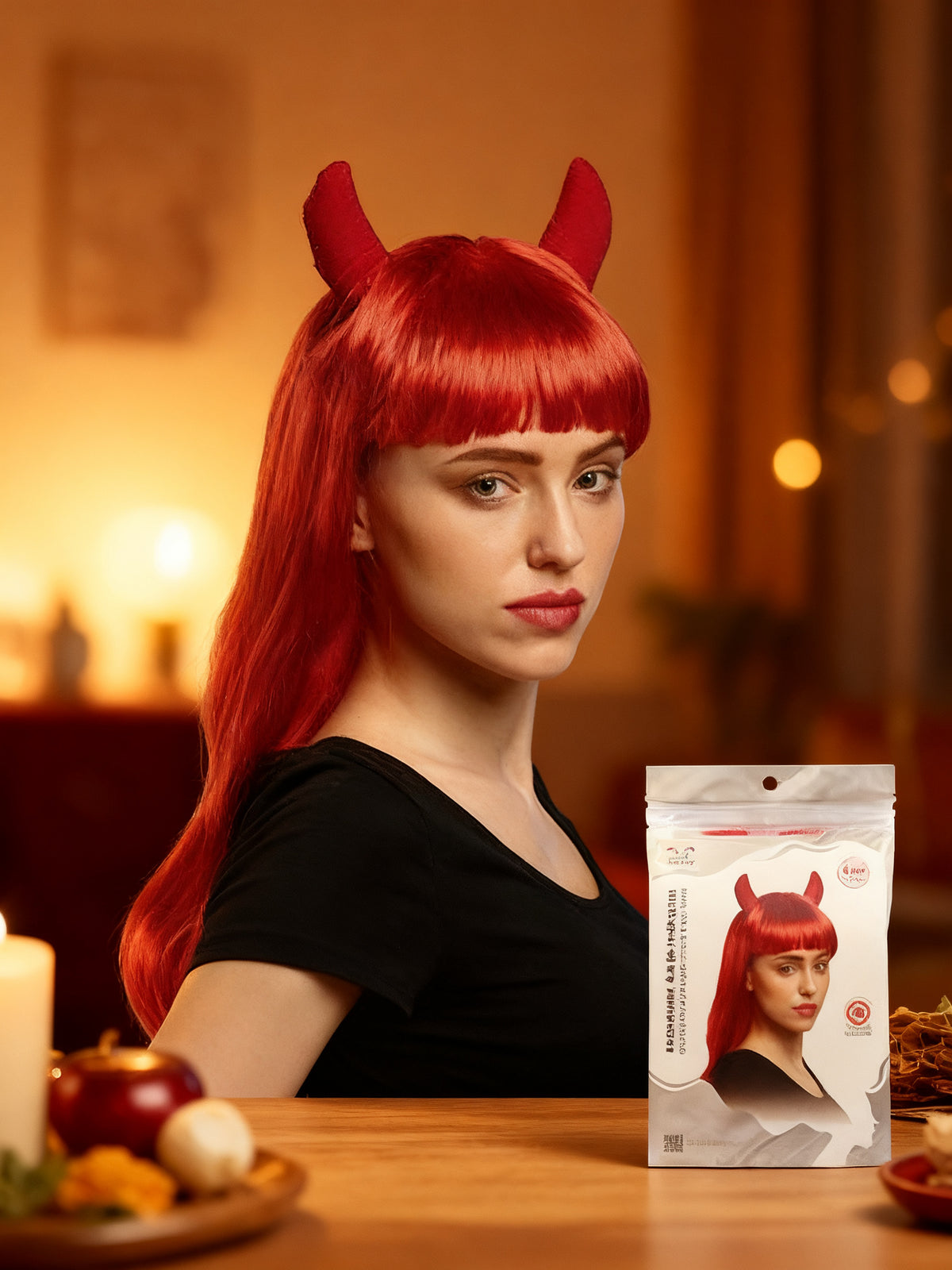 Peluza Roja con Cuernos para Halloween
