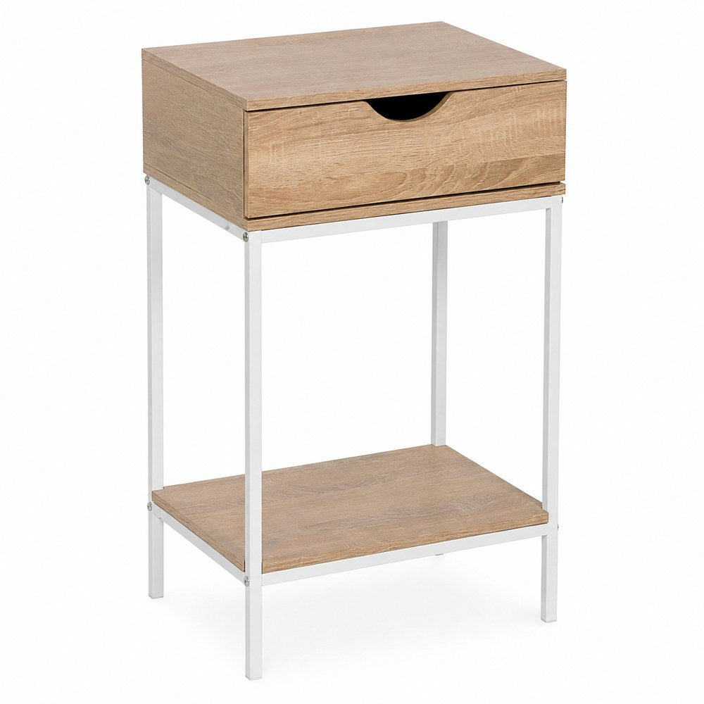 Mesita de Noche Moderna | Cajón + Estante | Madera y Metal | Dormitorio
