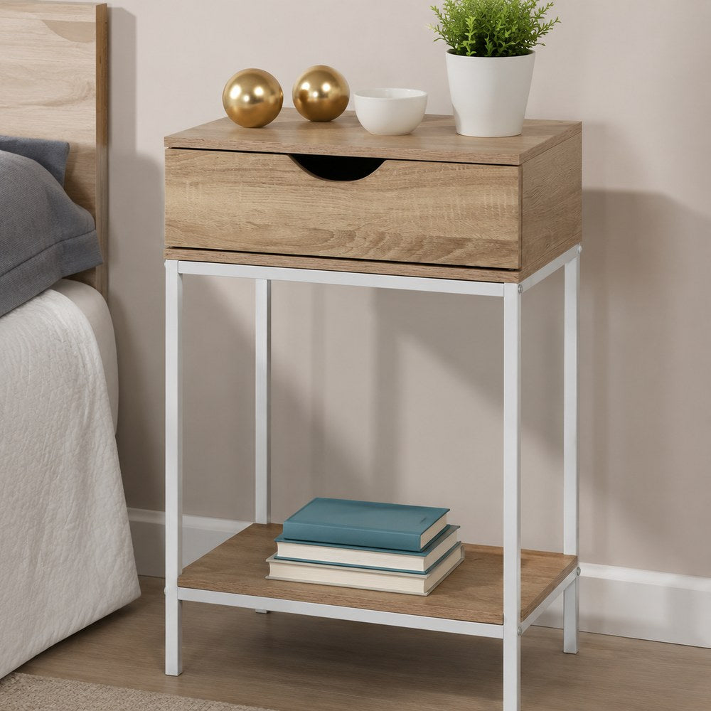 Mesita de Noche Moderna | Cajón + Estante | Madera y Metal | Dormitorio