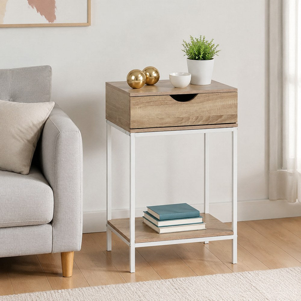 Mesita de Noche Moderna | Cajón + Estante | Madera y Metal | Dormitorio
