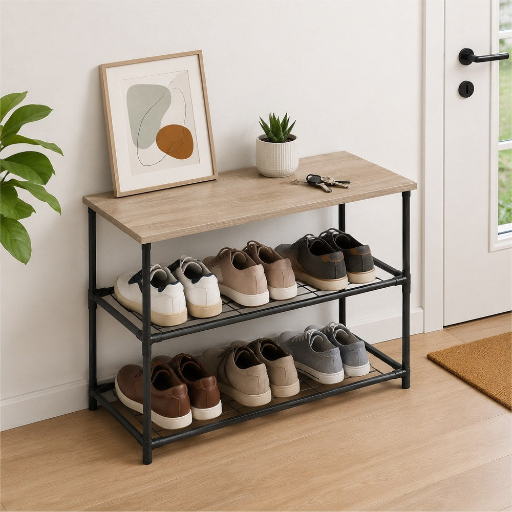 Zapatero con Estante 3 Niveles | Estructura Metálica y Madera | Recibidor y Armario