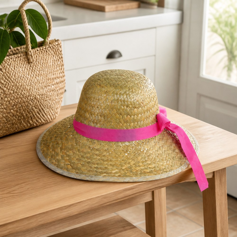 Straw Hat with Pink Trim
