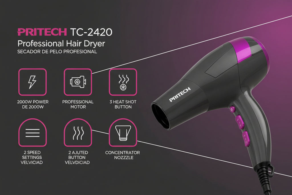 Secador de Pelo Pritech TC-2420 2000W | 3 Temperaturas + Aire Frío – Hogar y Profesional