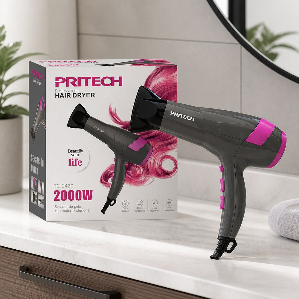 Secador de Pelo Pritech TC-2420 2000W | 3 Temperaturas + Aire Frío – Hogar y Profesional