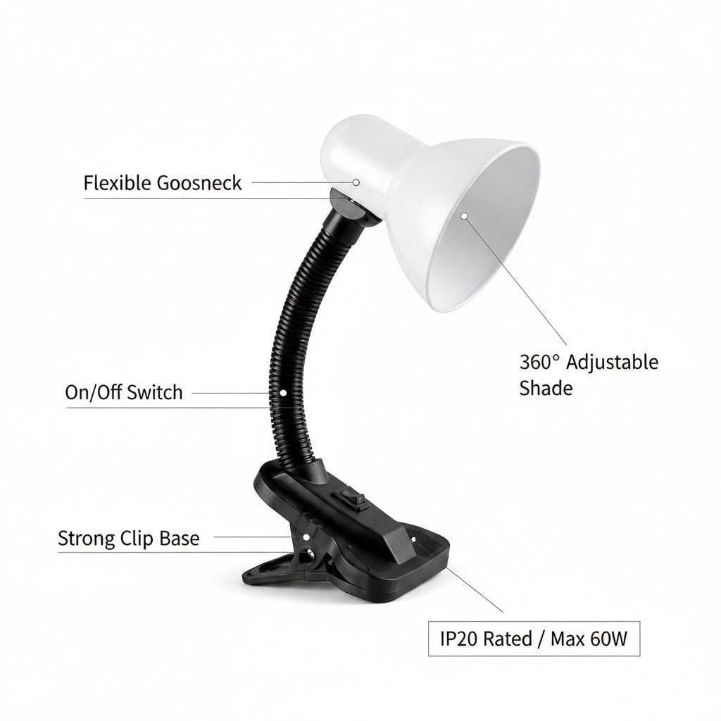 Flexo Clásico E27 con Clip — Luz orientable para el escritorio, la estantería o el cabecero sin taladrar