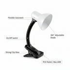 Flexo Clásico E27 con Clip — Luz orientable para el escritorio, la estantería o el cabecero sin taladrar