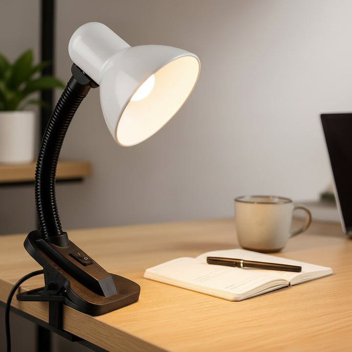 Flexo Clásico E27 con Clip — Luz orientable para el escritorio, la estantería o el cabecero sin taladrar