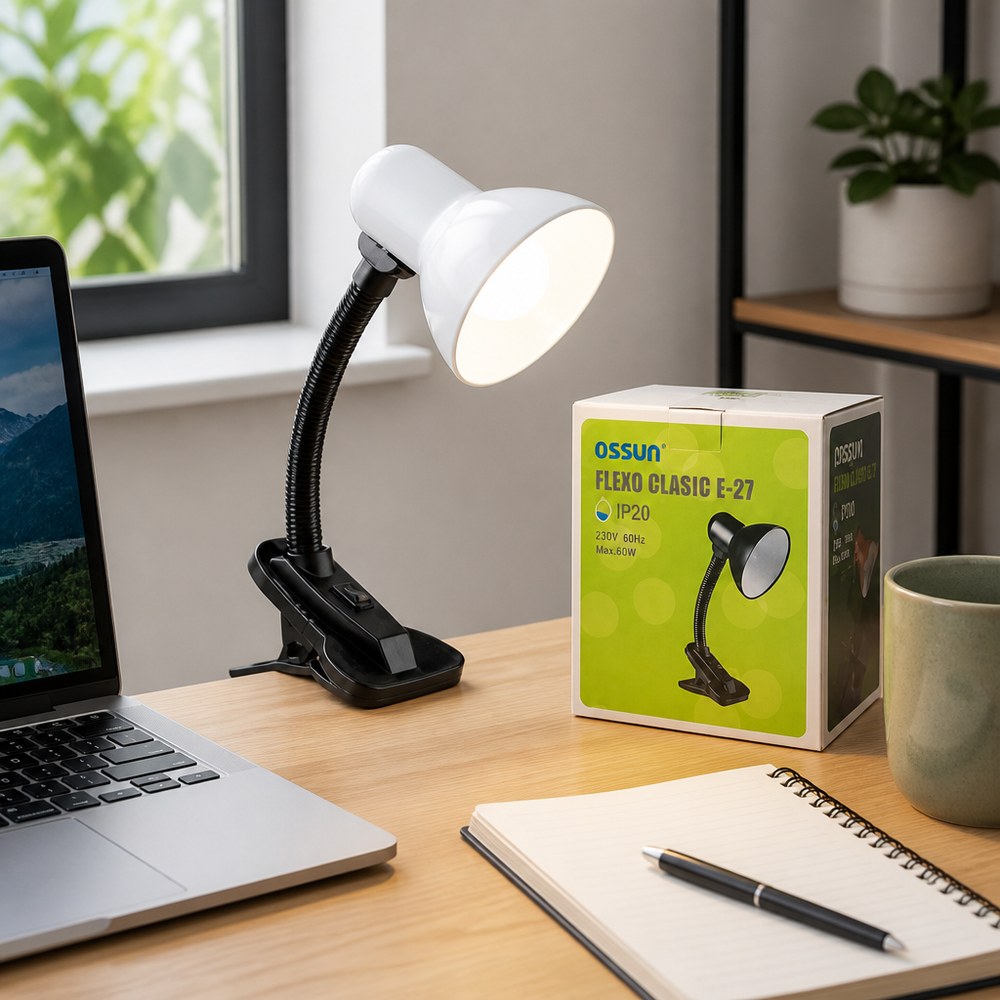 Flexo Clásico E27 con Clip — Luz orientable para el escritorio, la estantería o el cabecero sin taladrar