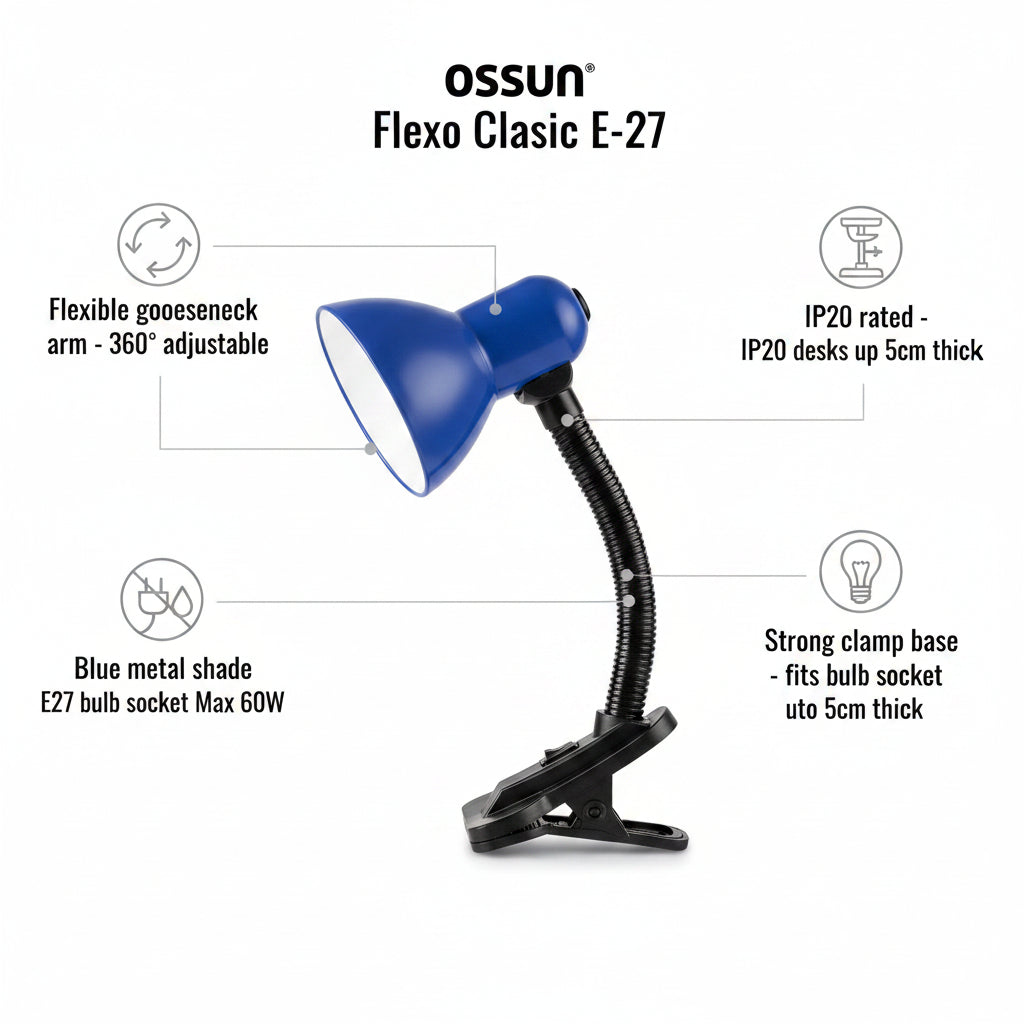 Lámpara de Escritorio con Clip | Cuello Flexible | Azul – Estudio y Trabajo