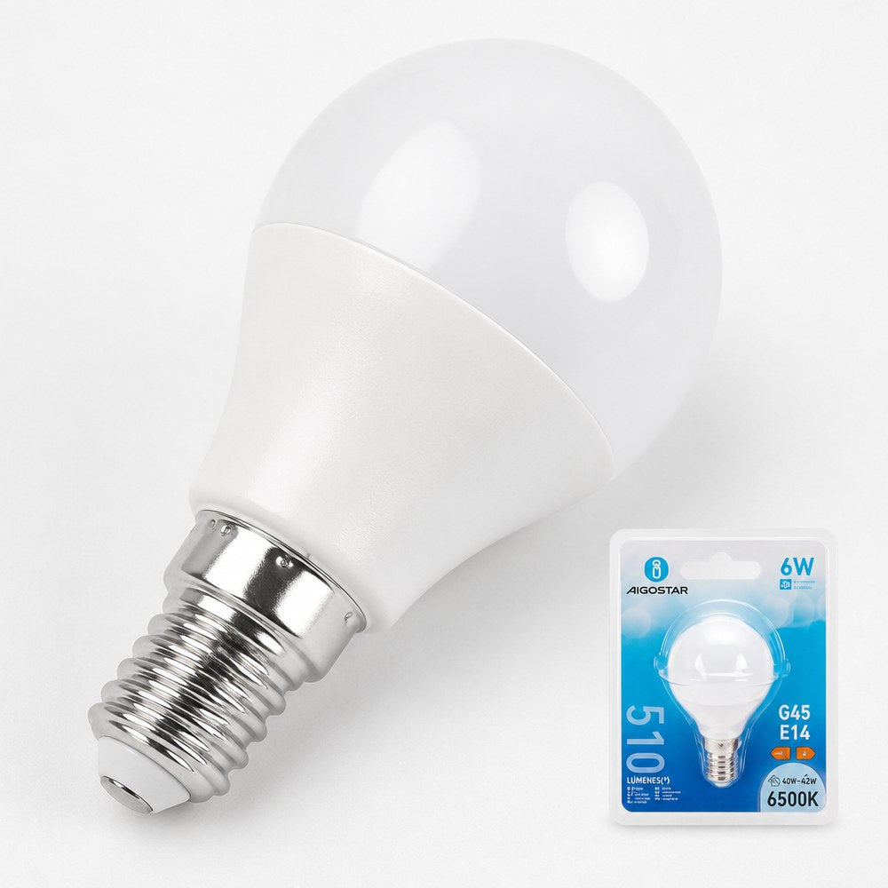 Bombilla LED Aigostar G45 E14 6W 510lm | Luz Fría 6500K | Interior