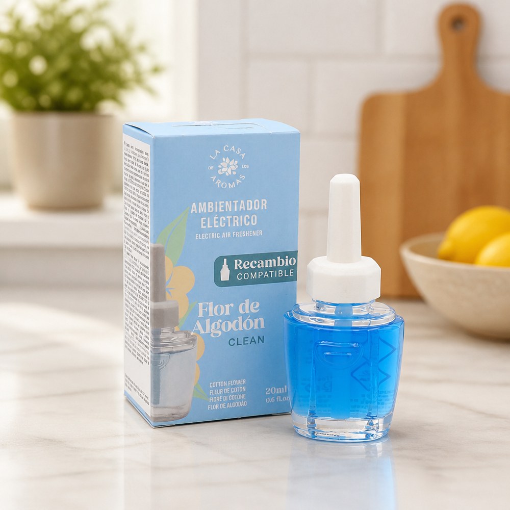 Ambientador Eléctrico Flor de Algodón 20ml | Aroma Suave y Fresco para Hogar y Oficina