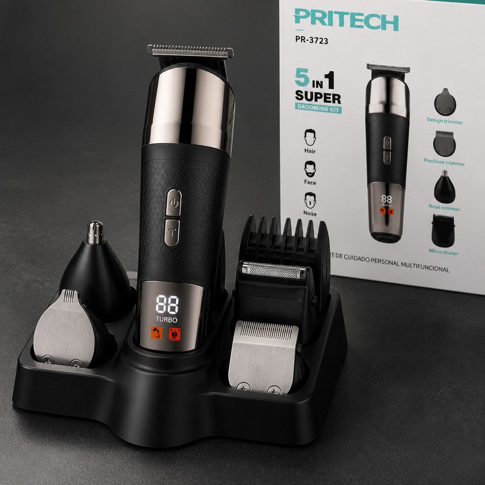 Kit de Cuidado Personal 5 en 1 Pritech | Cabello, Barba y Nariz | Display Digital | Hogar y Viaje