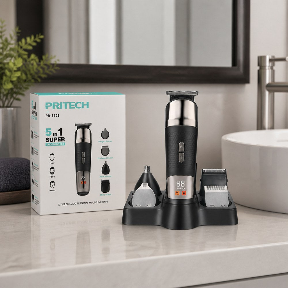Kit de Cuidado Personal 5 en 1 Pritech | Cabello, Barba y Nariz | Display Digital | Hogar y Viaje