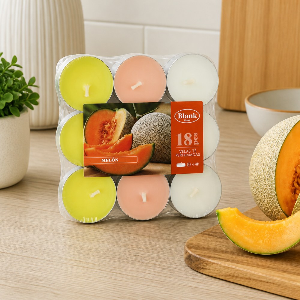 Velas Aromáticas Tealight Aroma Melón | Pack 18 uds | ≈4h | Hogar y Eventos