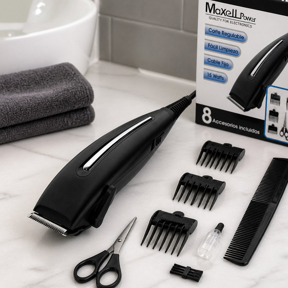 Cortapelos Maxell Power MP-HC400BL | 15 W, 8 Accesorios | 4 Peines, Tijeras y Lubricante