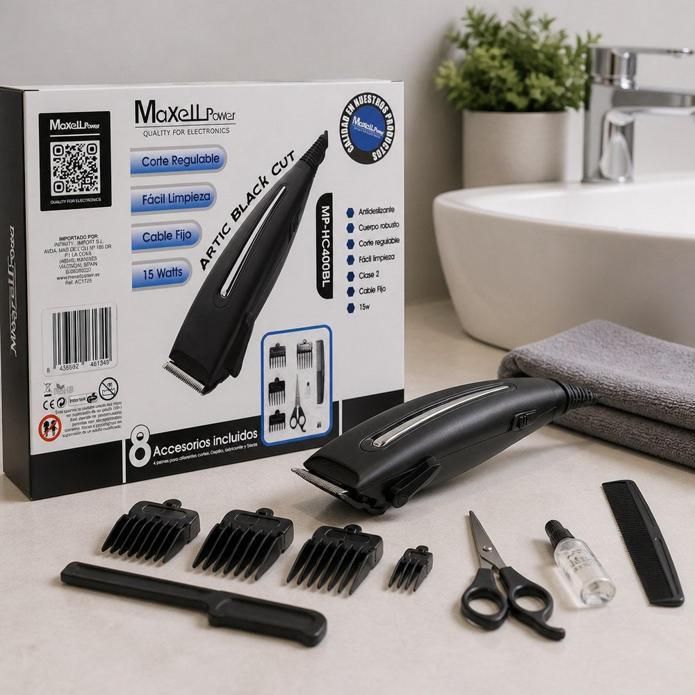 Cortapelos Maxell Power MP-HC400BL | 15 W, 8 Accesorios | 4 Peines, Tijeras y Lubricante