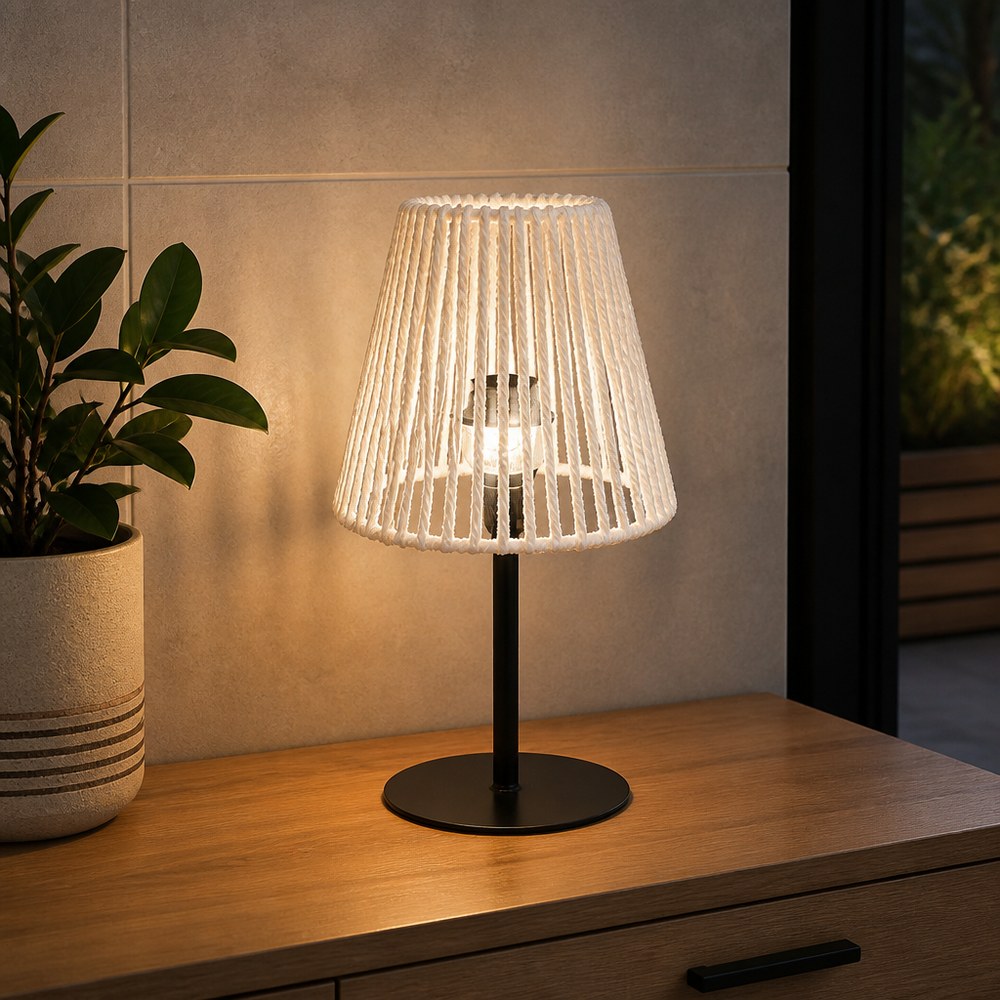 Lámpara de Mesa de Diseño Moderno | Base Negra y Pantalla Blanca | Luz Cálida | Salón