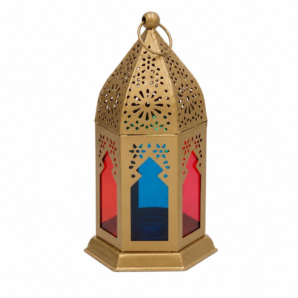 Farol Decorativo Multicolor | Acabado Dorado | Vidrios Rojo y Azul | Hogar y Exterior