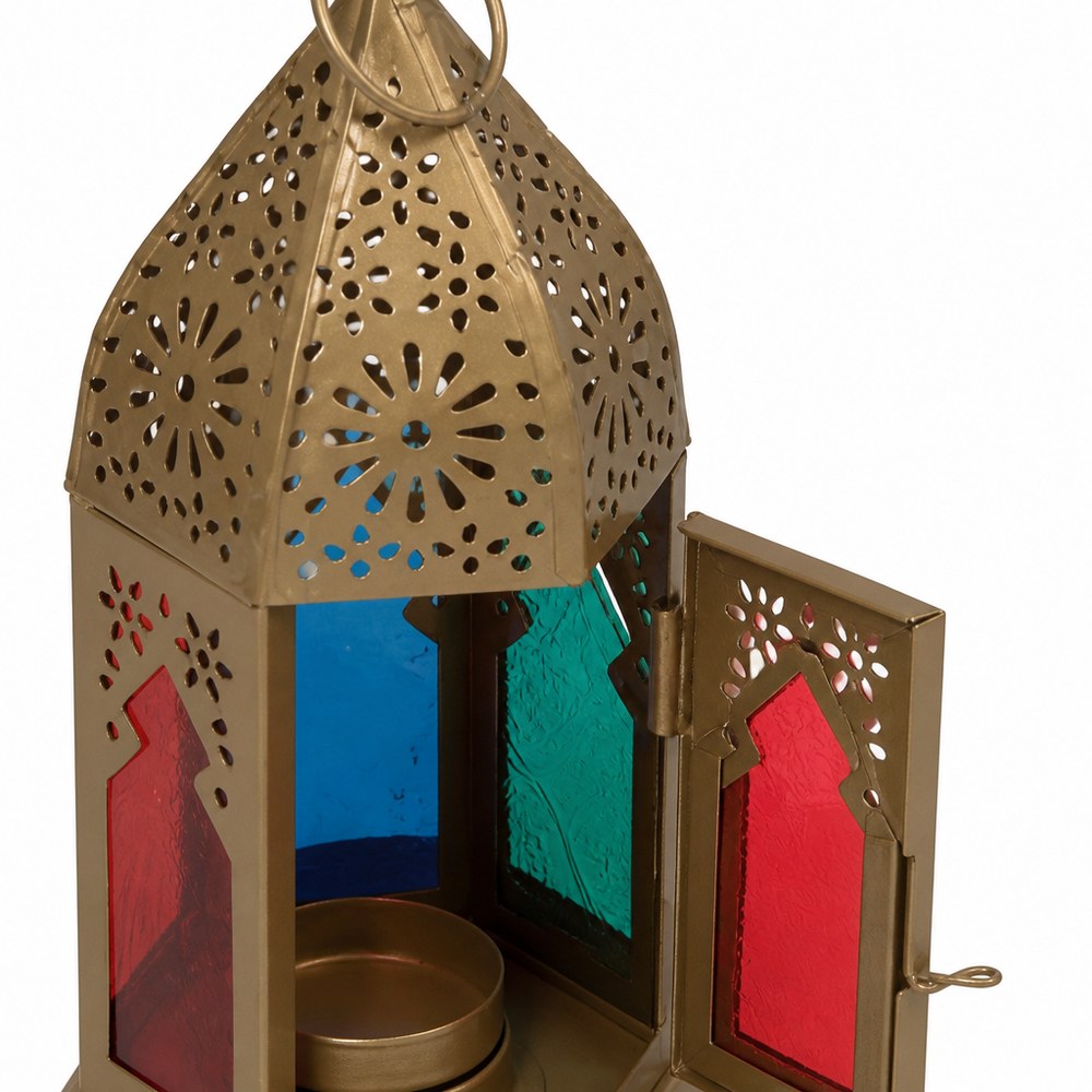 Farol Decorativo Multicolor | Acabado Dorado | Vidrios Rojo y Azul | Hogar y Exterior