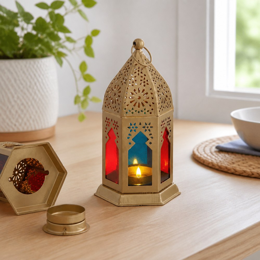 Farol Decorativo Multicolor | Acabado Dorado | Vidrios Rojo y Azul | Hogar y Exterior