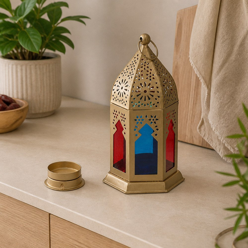 Farol Decorativo Multicolor | Acabado Dorado | Vidrios Rojo y Azul | Hogar y Exterior