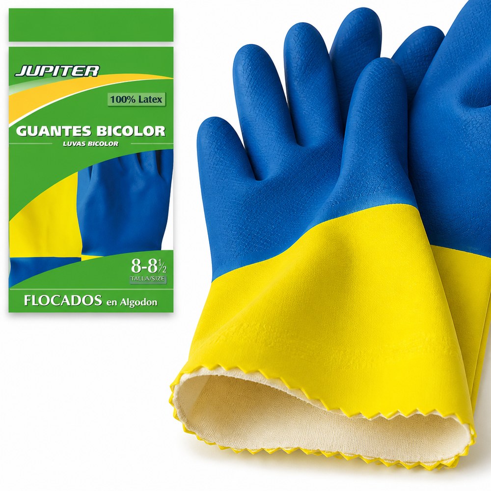 Jupiter Two-Tone Cleaning Gloves | 100% Latex | Size 8-8½ | Home and Professional Use