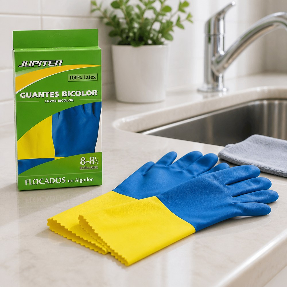 Jupiter Two-Tone Cleaning Gloves | 100% Latex | Size 8-8½ | Home and Professional Use
