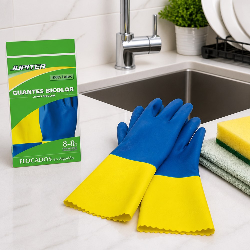 Jupiter Two-Tone Cleaning Gloves | 100% Latex | Size 8-8½ | Home and Professional Use